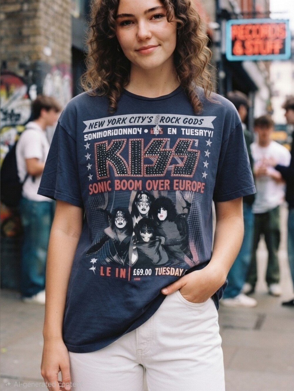 KISS Sonic Boom Over Europe Rhinestone Graphic Tee Shirt Navy Blue Large